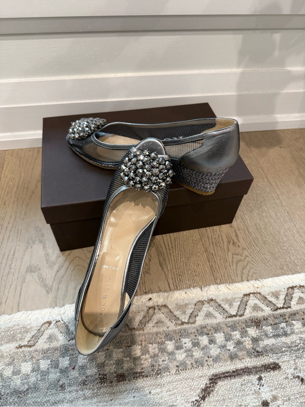 New Ron white Gunmetal Mesh Ballet wedge with Crystal Toe